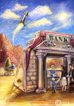 james olley surreal a bank in the desert with clowns art impresionistic style