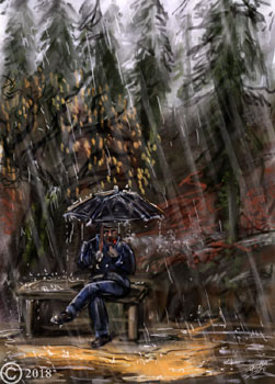 james olley forest with man sitting on a bench in the rainwith an umberella van gogh inspired style art impresionistic
