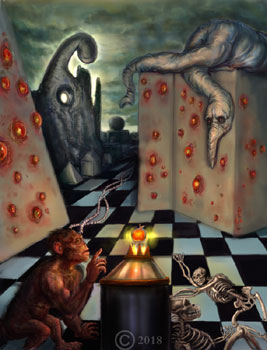 james olley surreal landscape with a chimpanzees on a checker board skeleton salvador dali inspired style art