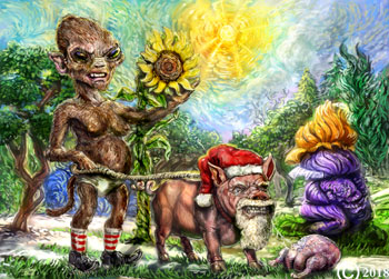 james olley surreal landscape with an alien and father christmas turned into a pig artwork impresionistic style