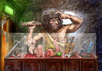 james olley surreal humorous cave man with objects cabinet art
