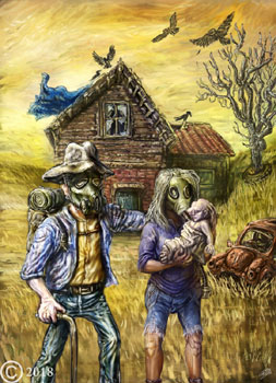 james olley surreal apocalyptic landscape desert cartoon survivors with house posing infront of there houuse van gogh inspired style art impresionistic style