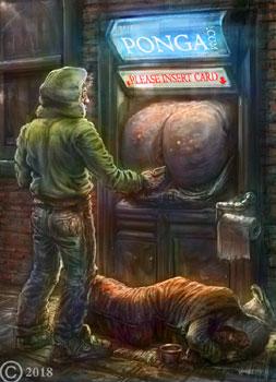 james olley surreal cartoon pun showing a man drawing out money from a cash point with a homeless person sleeping below  landscape scene inspired style art impresionistic