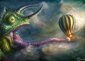 james olley surreal skyscape with an air ballon and cameleon in a scene van gogh inspired style art impresionistic